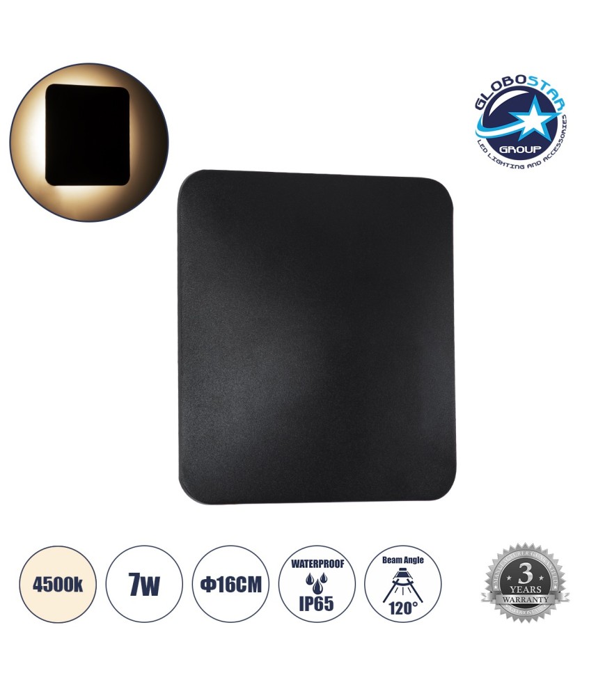 GLOBOSTAR® HELIO-S 60495 Μοντέρνο Φωτιστικό Τοίχου - Απλίκα LED 7W 840lm 120° AC 220-240V Αδιάβροχο IP65 Φυσικό Λευκό 4500K - Lumileds SMD Chip & TÜV SÜD Driver - Μαύρο Ματ - Μ16 x Π5 x Υ16cm - 5 Χρόνια Εγγύηση